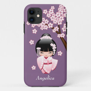 Coques Pour iPhone Kokeshi Doll au kimono rose sur fond violet