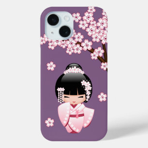 Coque Pour iPhone 15 Kokeshi Doll en kimono rose sur fond violet
