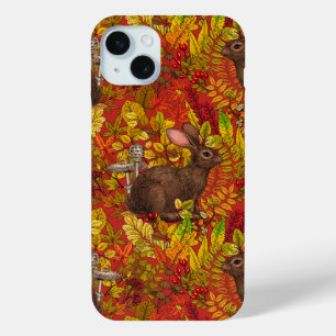 Coque iPhone 15 Mini Lapin d'automne sur fond rouge