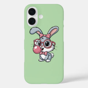 Coques iPhone 16 Lapin mignon avec des lunettes qui souffle du chew