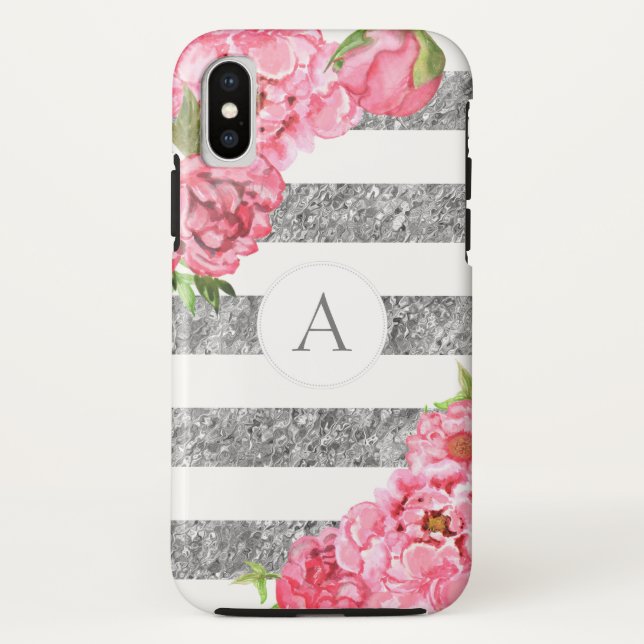 Coques Case-Mate iPhone L'argent floral rose d'aquarelle barre le (Dos)