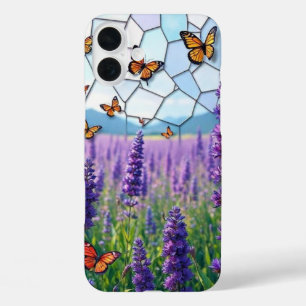 Coques iPhone 16 Plus Lavandre et papillons à Dusk Stainglass