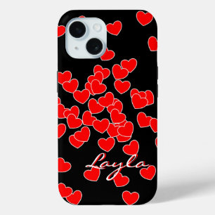 Coque Pour iPhone 15 Layla - Modèle De Texte, Coeurs Rouges Flashy Sur 