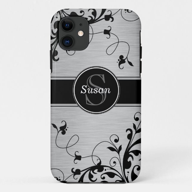 COQUES Case-Mate iPhone LE NOIR ARGENTÉ TOURBILLONNE VOTRE MONOGRAMME (Dos)