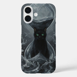Coques iPhone 16 Le sablier éternel : Le chat noir du temps