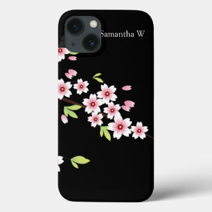 iPhone 13 Case Le Sakura noir aux fleurs de cerisiers roses et ve