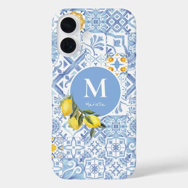 Coques Case-Mate iPhone Lemon fruit monogram, blue tile (Verso)