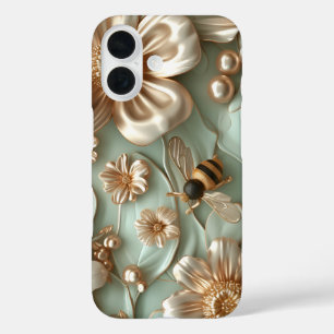 Coques iPhone 16 Les abeilles 3D Celadon et les fleurs Puffy Style