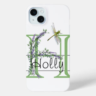 Coque iPhone 15 Mini Lettre alphabétique H, aquarelle Lavender Dragonfl