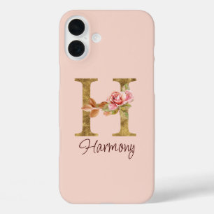 Coques iPhone 16 Plus Lettre de nom personnalisée H Rose blush doré Rose