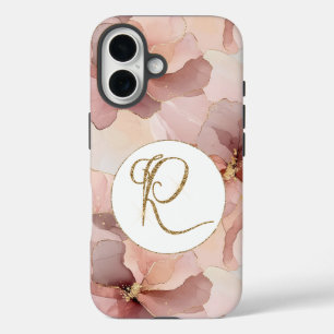 Coques iPhone 16 LETTRE DE Parties scintillant D'OR Floral Rose BLA