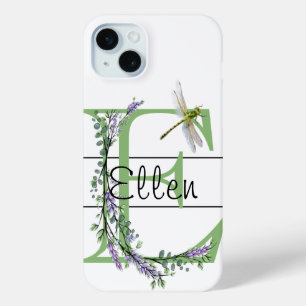 Coque iPhone 15 Mini Lettre E de l'alphabet, libellule lavande à l'aqua