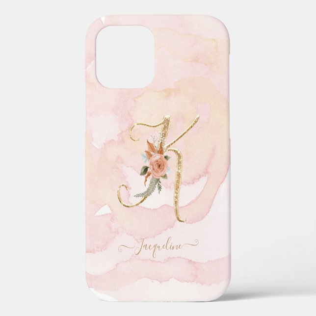 Coques Case-Mate iPhone LETTRE Florale K Script Gold Monogramme Aquarelle (Verso)