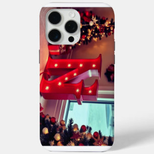 Coque iPhone 15 Pro Max Lettre initiale décorée avec des sapins de Noël