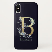 LETTRE MONOGRAPHIQUE D'OR B Bleu Marine Nom floral