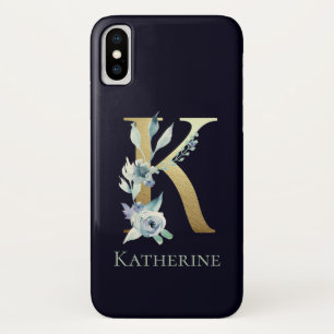 Case-Mate iPhone Case LETTRE MONOGRAPHIQUE OR K Navy Bleu Nom floral