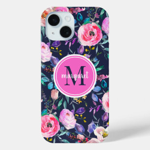 Coque Pour iPhone 15 Lever de soleil Boho Floral Rose et Nuit Monogramm