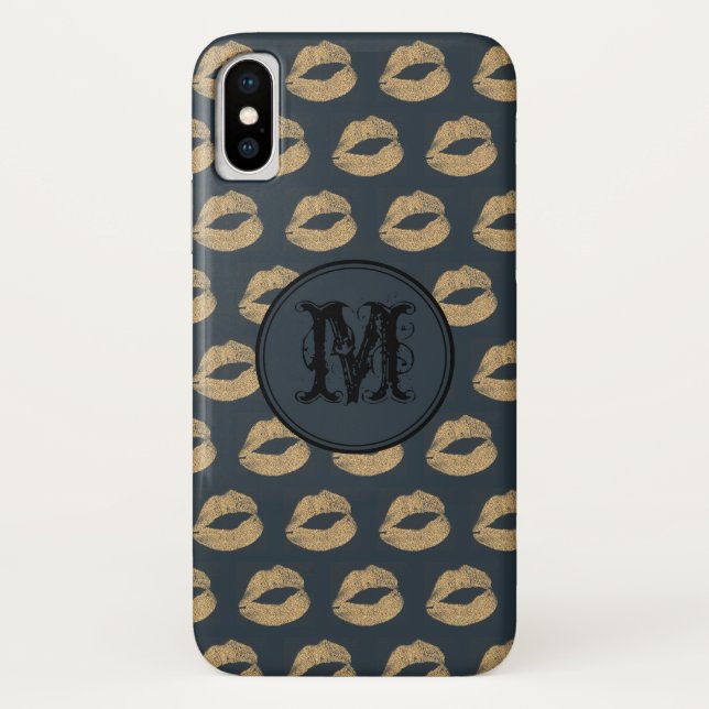 Coques Case-Mate iPhone Lèvres dorées bleues Gothique Personnalisé Monogra (Dos)