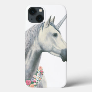 Etui iPhone 13 Licorne d'esprit avec des fleurs autour de cou