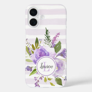 Coques iPhone 16 Lilac Floral et rayures Monogramme