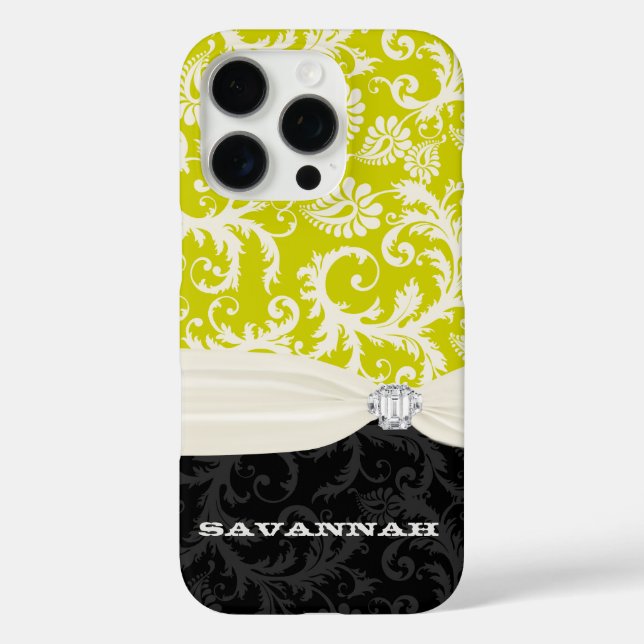 Coques Case-Mate iPhone Lime et off Blanc Damas Imprimé Faux Rhinestone (Verso)