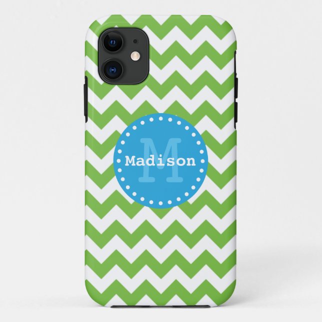 Coques Case-Mate iPhone Lime Vert bleu Chevron Zigzag Monogramme (Dos)