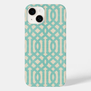 Coque Pour iPhone 14 Lin rustique Beige et Aqua Trellis