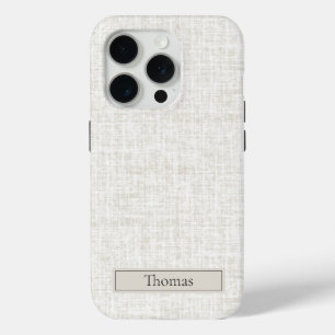 Coque iPhone 15 Pro Linen Tissé en Marron Naturel avec Nom