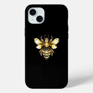 Coque iPhone 15 Mini Logo Faux Gold Foil Bee Polygonal sur Noir