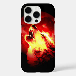 Coques iPhone 16 Pro Loup, lune et ciel rouge