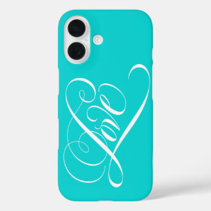 Coques iPhone 16 LOVE Calligraphie Coeur Letter Aqua Turquoise Élég
