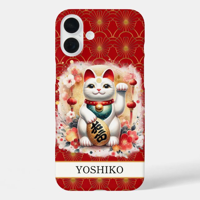 Coques Case-Mate iPhone Lucky Cat With Red Flowers Monogrammed (Verso)