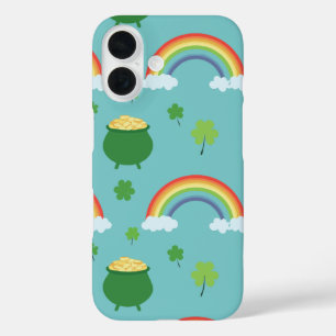 Coques iPhone 16 Lucky Green Shamrock coloré Rainbow Pot or