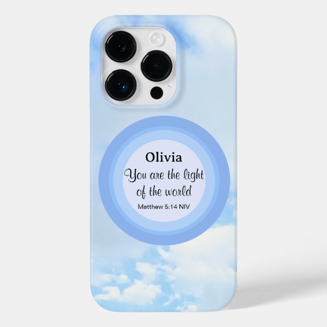 Coques Case-Mate iPhone Lumière du monde Baby Blue Bible Verse Nom (Verso)