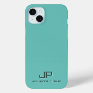 Coque iPhone 15 Mini Lumière Turquoise Élégant Monogramme Modèle Modern