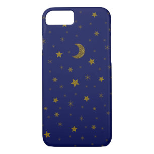 Coque Case-Mate Pour iPhone Lune de Noël en or brillant, étoiles sur bleu
