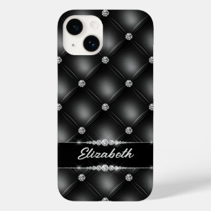 Coque Pour iPhone 14 Luxe Black Bling Sparkle Diamond Nom personnalisé