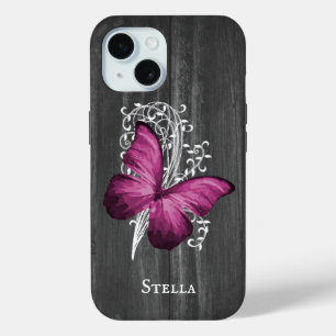 Coque Pour iPhone 15 Magenta Rustic Butterfly Personnalisé