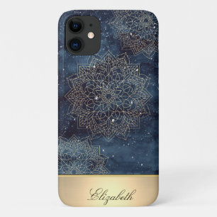 Case-Mate iPhone Case Magnifique mandala floral en or sur fond bleu mari