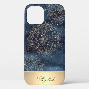 Case-Mate iPhone Case Magnifique mandala floral en or sur fond bleu mari