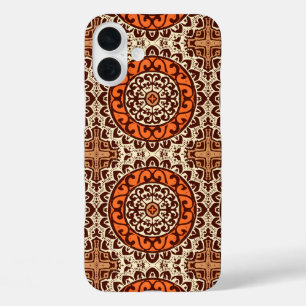 Coques iPhone 16 Plus Mandala batik soleil du Sud-Ouest, rouille et marr