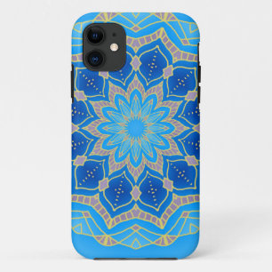 Coque iPhone 11 Mandala en bleu électrique et turquoise