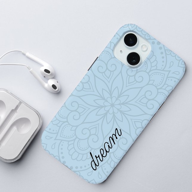 Coques Case-Mate iPhone Mandala Moderne Bleu Poussiéreux Script (Modern Mandala Dusty Blue Script Case-Mate iPhone Case)