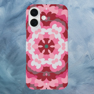 Coques iPhone 16 Mandala rose rouge et blanc