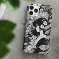 Manga Girl Floral Black White Monogramme Nom perso