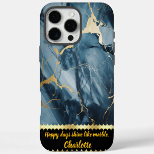 Coques iPhone 16 Pro Max Marbre bleu avec veines dorées pour