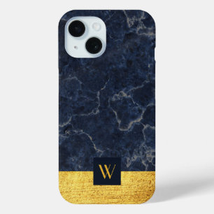 Coque Pour iPhone 15 Marbre Bleu Élégant Monogramme Or