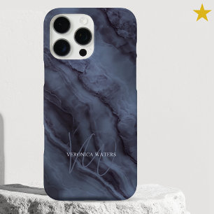 Coques iPhone 16 Pro Max Marbre Bleu Élégant Nom Personnalisé Monogramme