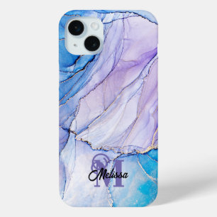 Coque iPhone 15 Mini Marbré bleu et violet moderne monogramed