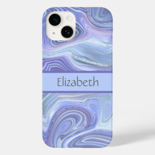 Coque Pour iPhone 14 Marbre bleu violet argenté pailleté Agate